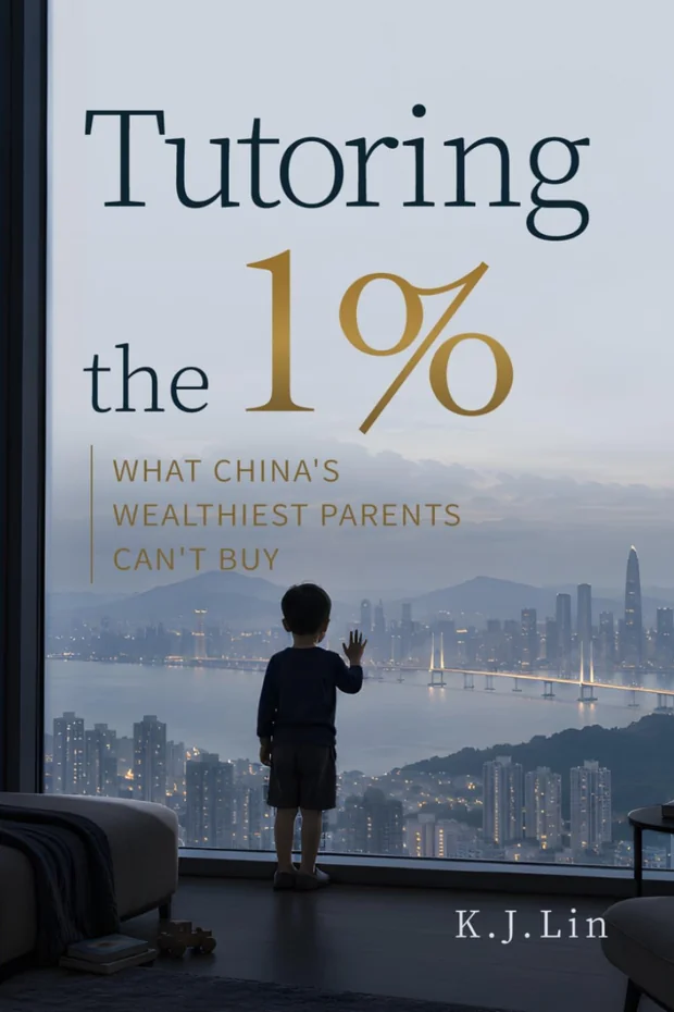 Cover of Tutoring the 1% by K. J. Lin: a boy at a floor-to-ceiling window at dusk, looking out at a sea bridge.