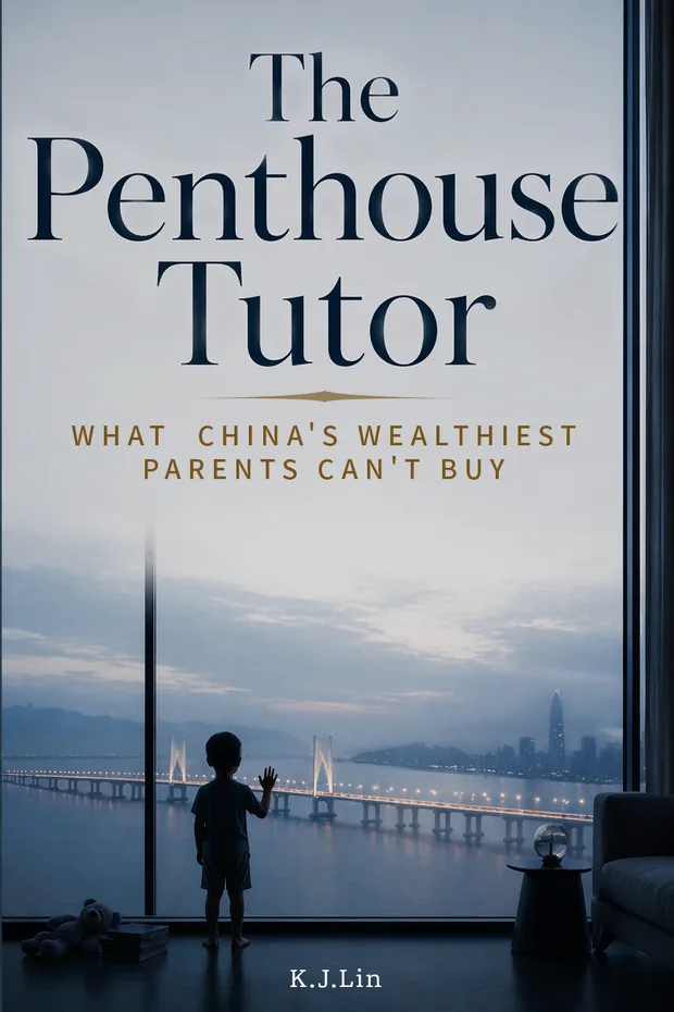 《The Penthouse Tutor》书籍封面：暮色中的落地窗前，男孩望向跨海大桥